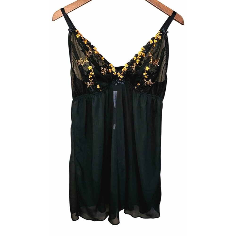 Cacique Black Sheer Mesh Babydoll Gold Embroidery Plus Size 18 20 NWT‎